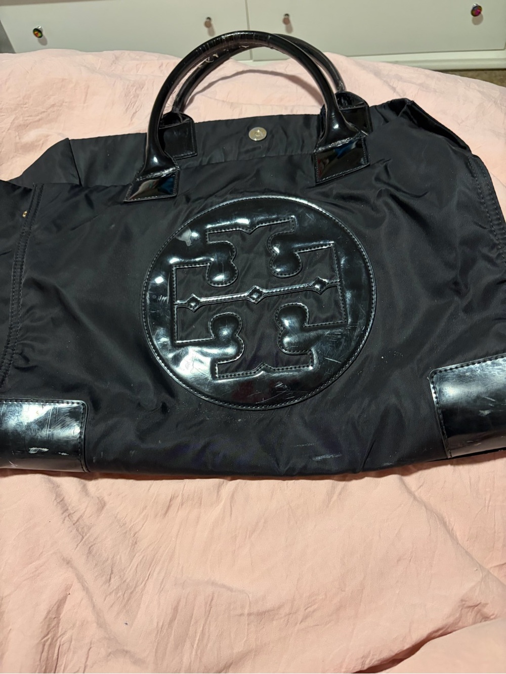 Tory Burch Black Nylon Tote with Glossy Patent Logo
